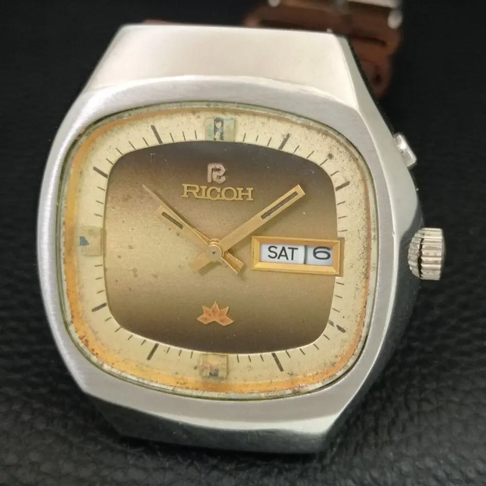 Vintage 1970 Ricoh Automatic Mens Silver Watch W/daydate & Gold accents